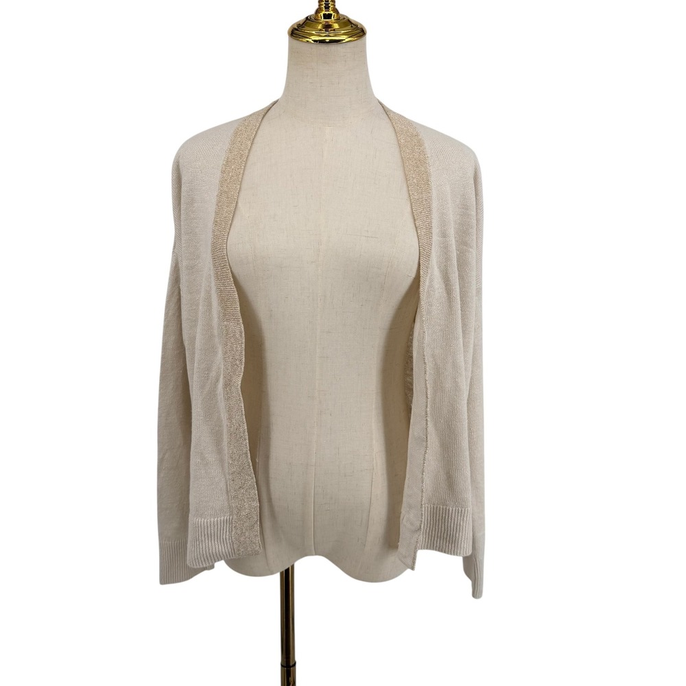 Eileen Fisher Cardigan Neutral Timeless S/P Beige Organic Linen Metallic Trim